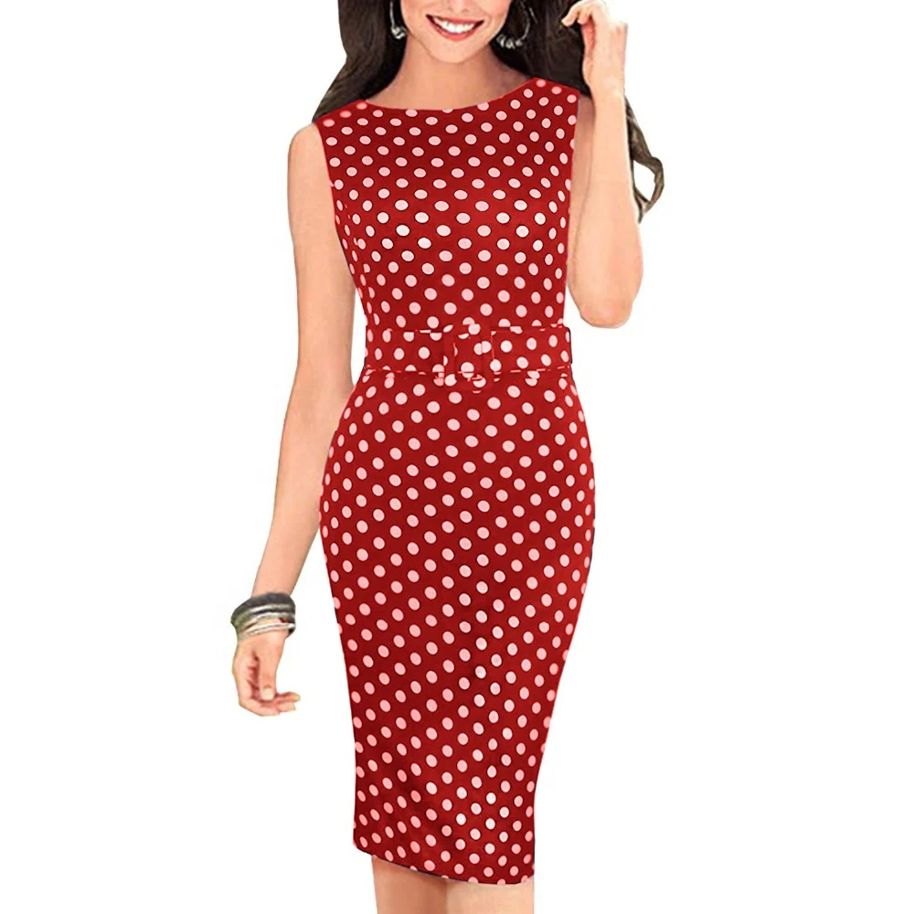 Новейшая винтажная одежда в горошек для работы, офисное Повседневное платье без рукавов длиной до колена, женское платье-карандаш, свадебные платья, платье большого размера