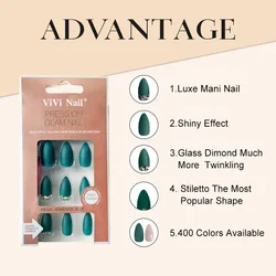 NEWAIR 24pcs/box pre-designed nails tip 3D matte green stiletto full cover nail tip artificial false finger ABS