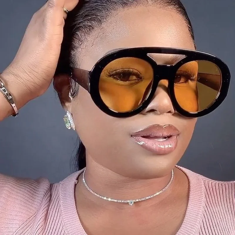 9188 Hot Fashion Custom Yellow Lens Vintage Oversized Round Sunglasses For Women 2024
