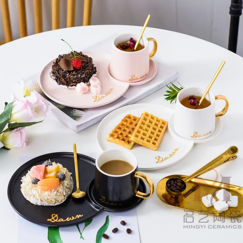 
European fashion Creative Matte Black Ceramic Mug Coffee Cup And Saucer 