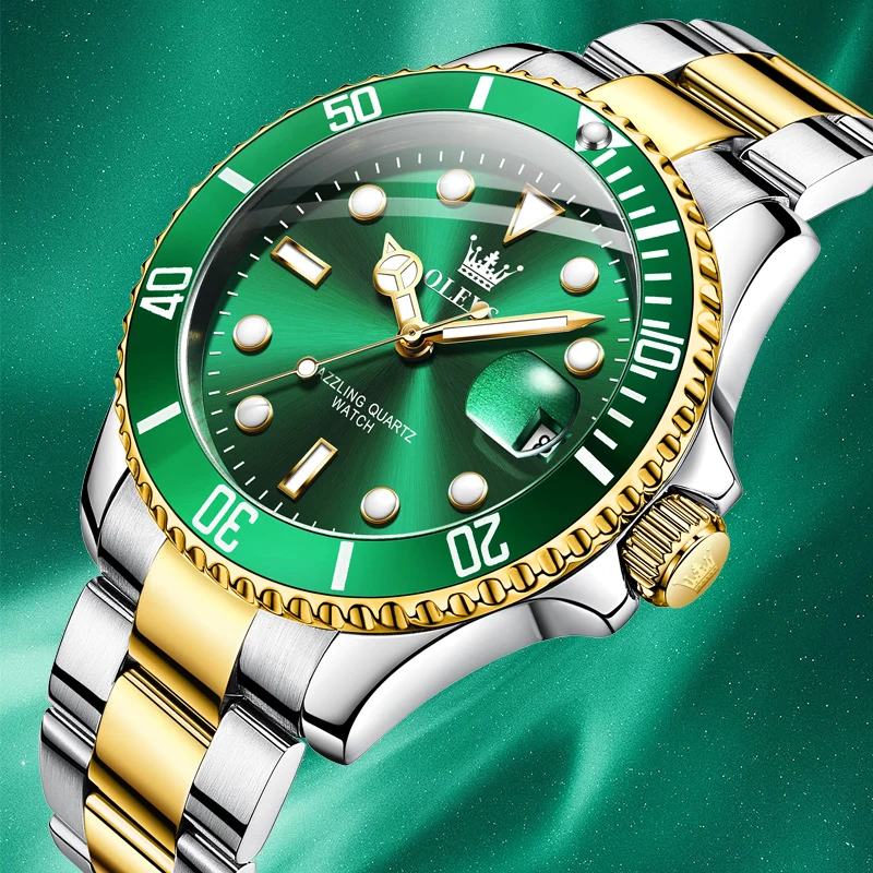 OLEVS  5885 Luxury Oem Custom logo Green Odm Stainless Steel Fashion Sports Luminous Hot Selling Styles Quartz Watch for Man