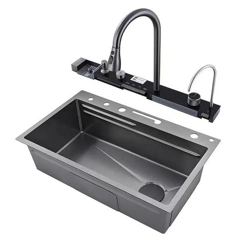 Gun gray digital display Feiyu large single-slot sink 304 stainless steel sink Nano functional floating Rain sink