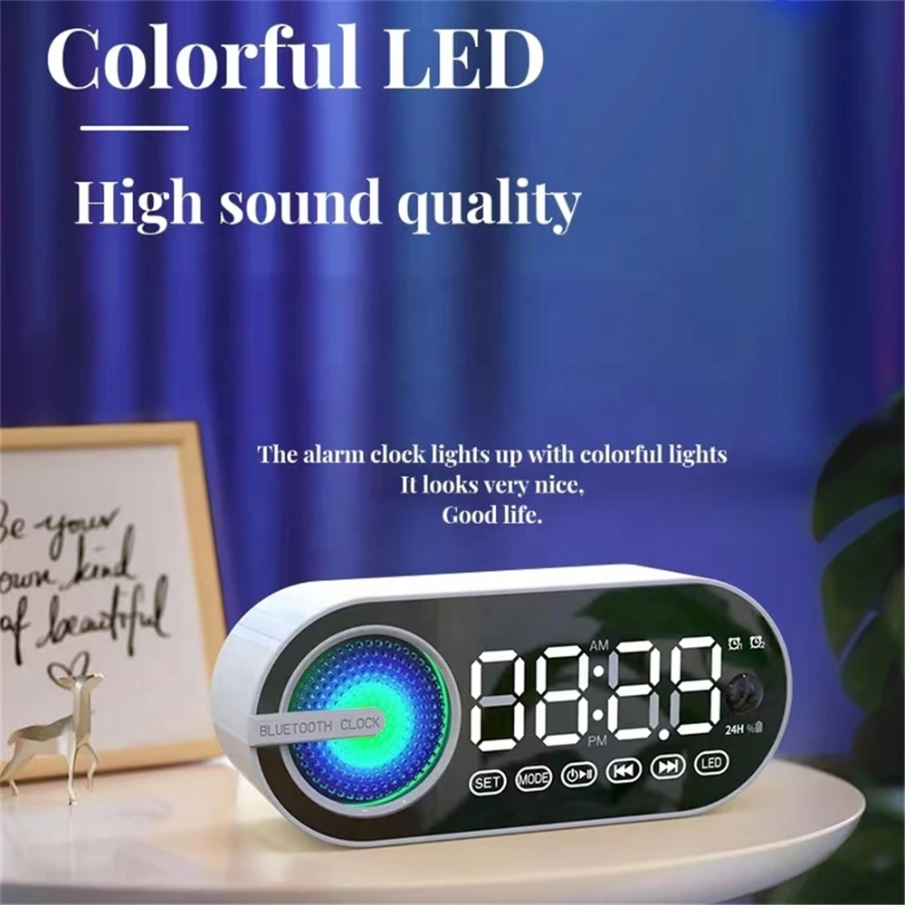 Hot Selling Wireless Mini Portable Home Speaker Alarm Clock With FM Radio Led Surround Light Loudspeakers Blue tooth Speakers