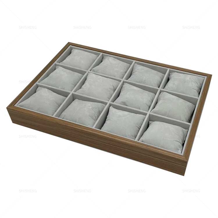 SHI SHENG High Quality Black Walnut Wood 12 Grids Watch Tray With Pillow for Jewelry Tray Bracelet Bangle Watch Display Holder