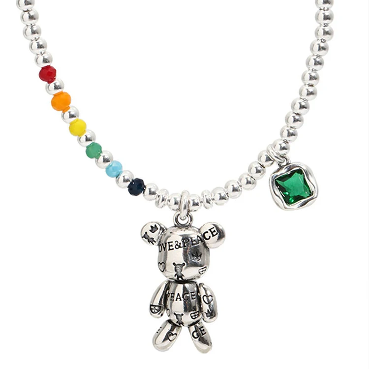 S925 Sterling Silver Colored Beads Love Peace Bear Bracelet and Necklace for women