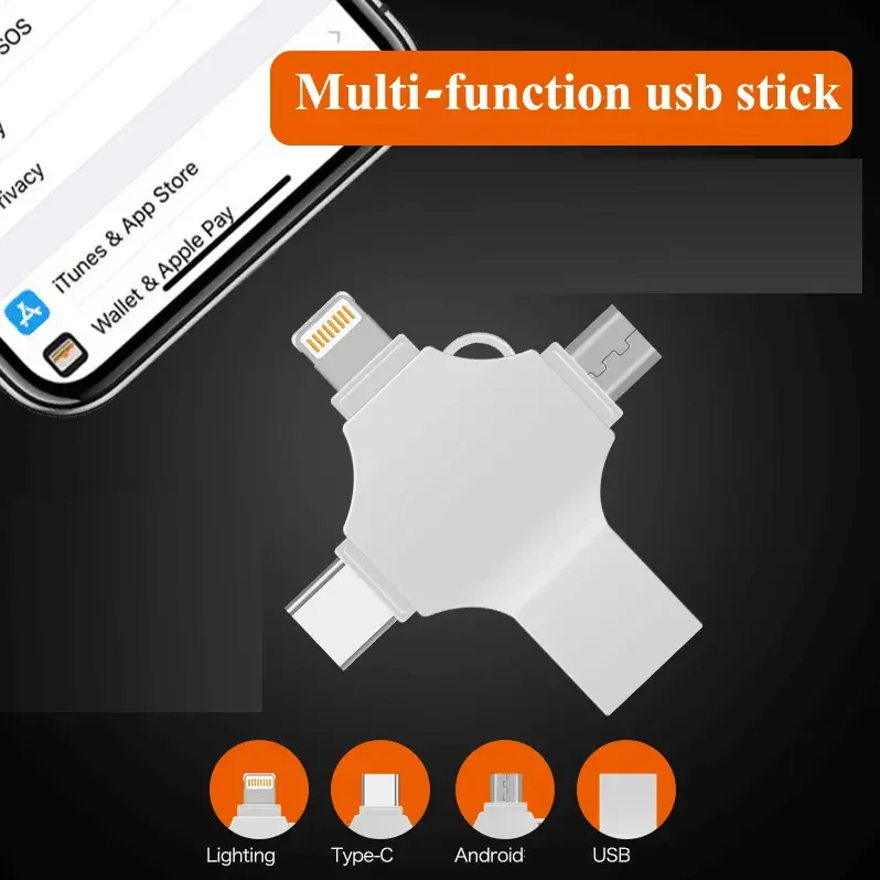 4 In 1 Metal Otg 32 64gb 128g  256g 512g memoria High Speed Fast Type-C USB Flash Drive Stick Pendrive For Iphone Android