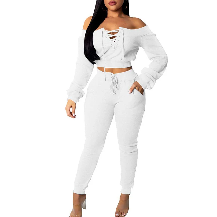 Fashion Sexy Long Sleeve Lace Up Off Shoulder Wholesale Clothing Crop Top with High Waist Pants Yoga Leggings 2 Piece Outfit Set