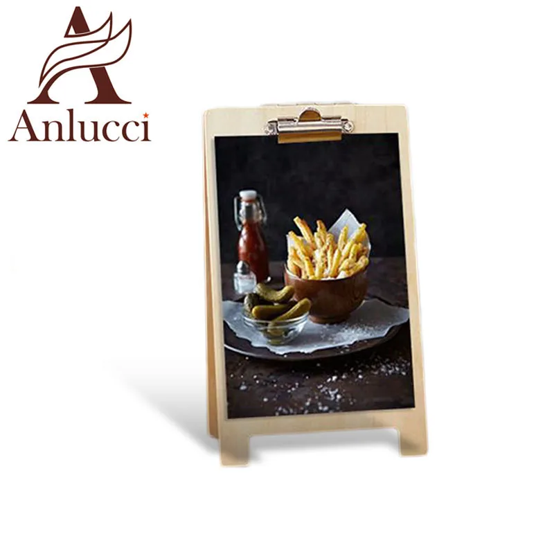 Wholesale custom A shape advertising wooden base menu holders table stand with clip