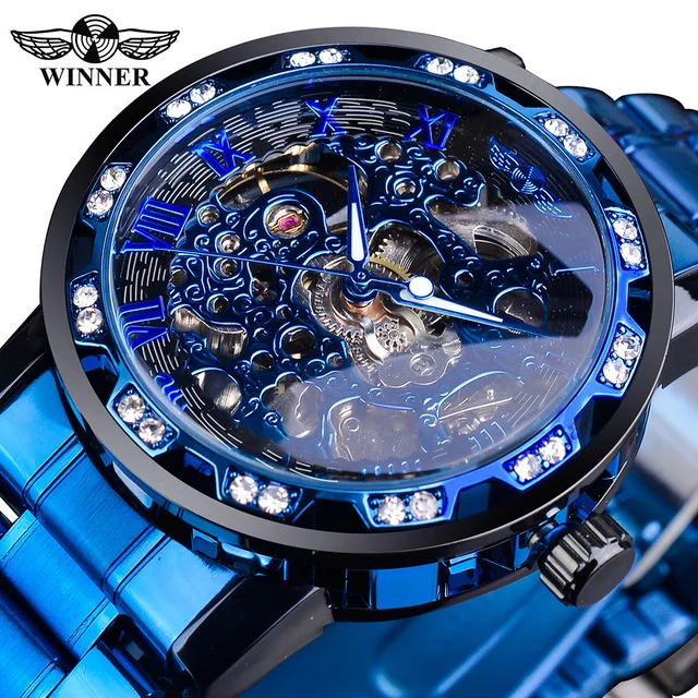 Winner New Transparent Diamond Mechanical Watch Stainless Steel Skeleton Watch Top Brand Luxury Business Luminous Male Clock