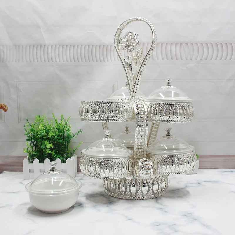 
Fruit Dessert Candy Plate 2 tiers 6 holders Ceramic Bowls Arabic Serving Tray Storage Tableware Gift 
