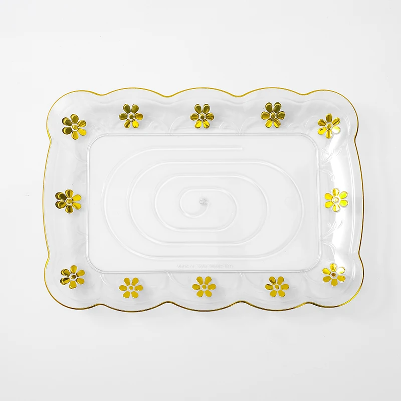 JUMPFOREVER 27.5cm Unbreakable Party Wedding Decorative Gold Flower Edge Clear Transparent PET Plastic Charge Plate