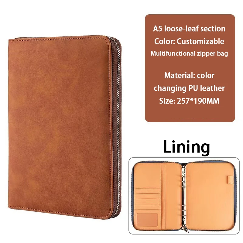 Factory customize A4 PU leather portfolio folders Travel Notebook zipper Padfolio Folder