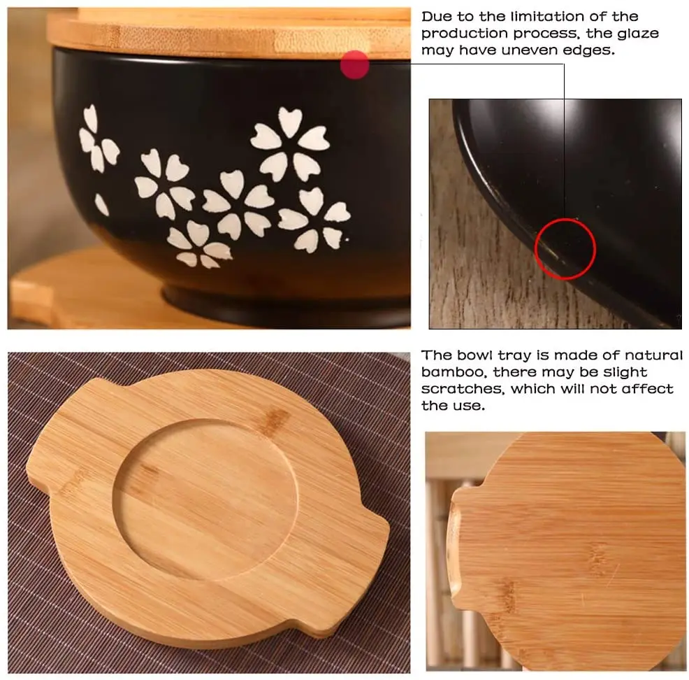 Japanese Cuisine Bowl Set with Wooden Lid Ceramics Sakura Ramen bowl Ceramic Instant Noodle Salad Soup Rice Bowl