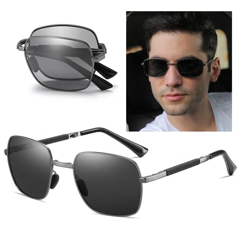 High quality men folding metal frame day night vision anti glare photochromic sunglasses polarized night driving glasses