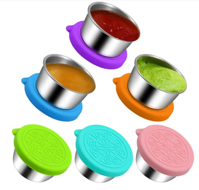 Reusable Round Small Sauce Cup With Leakproof Silicone Lids Salad Dressing Containers Stainless Steel Condiment Container