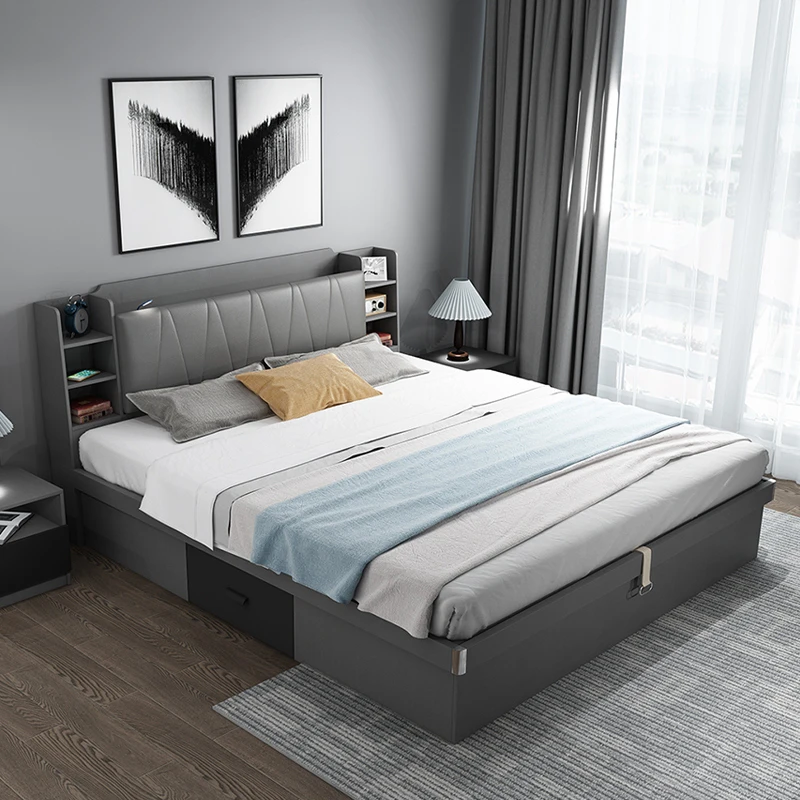 Современный дизайн, деревянная кровать большого размера, комплект мебели для спальни, деревянные кровати со светодиодной подсветкой, ящик для хранения, кровати