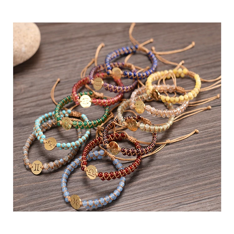 NEW gemstone Bead handmade Adjustable wrap bracelets Natural Stone Double Layers Braided Men Women 12 Zodiac Charm Bracelets