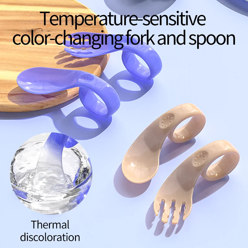 Wholesale Baby Training Spoon Fork Set Durable Food Grade PP Safety Bendable Utensils Color Change BPA-Free Silica Gel Material
