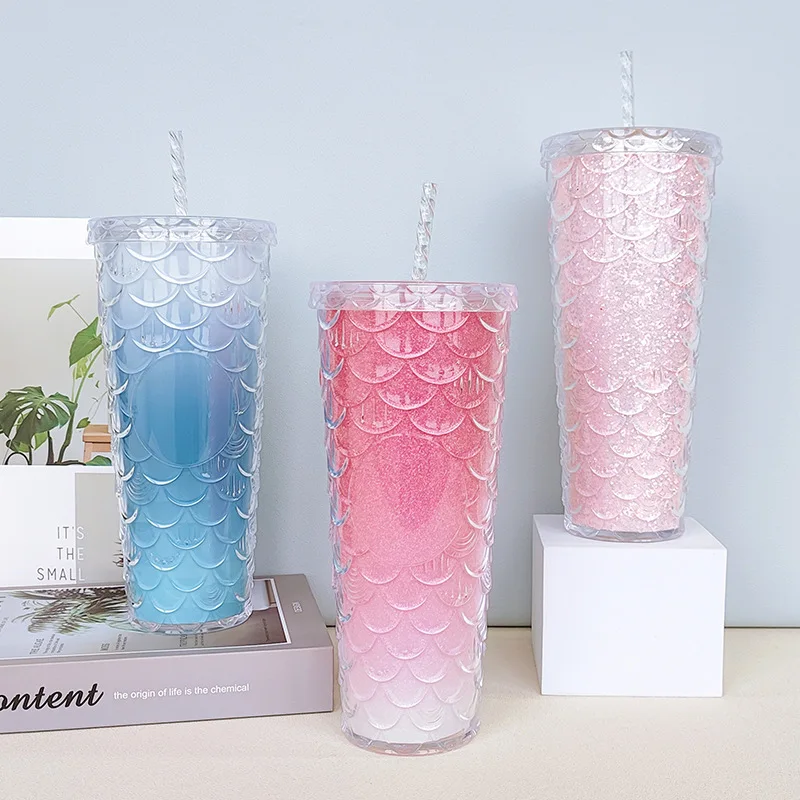 2023 Reusable Diamond Drinking Cups 24 Oz Multi Color Black Stud Fish scales Tumbler With Lid And Straw