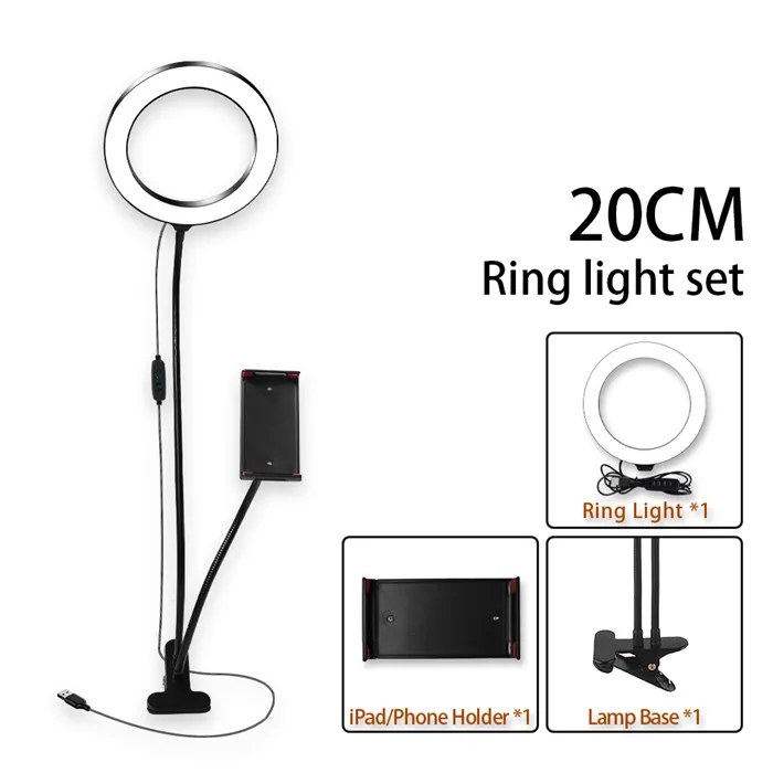 Flexible 3 in 1 Clips 8 Inch Table LED Selfie Ring Light With Cell Phone Holder for Youtube