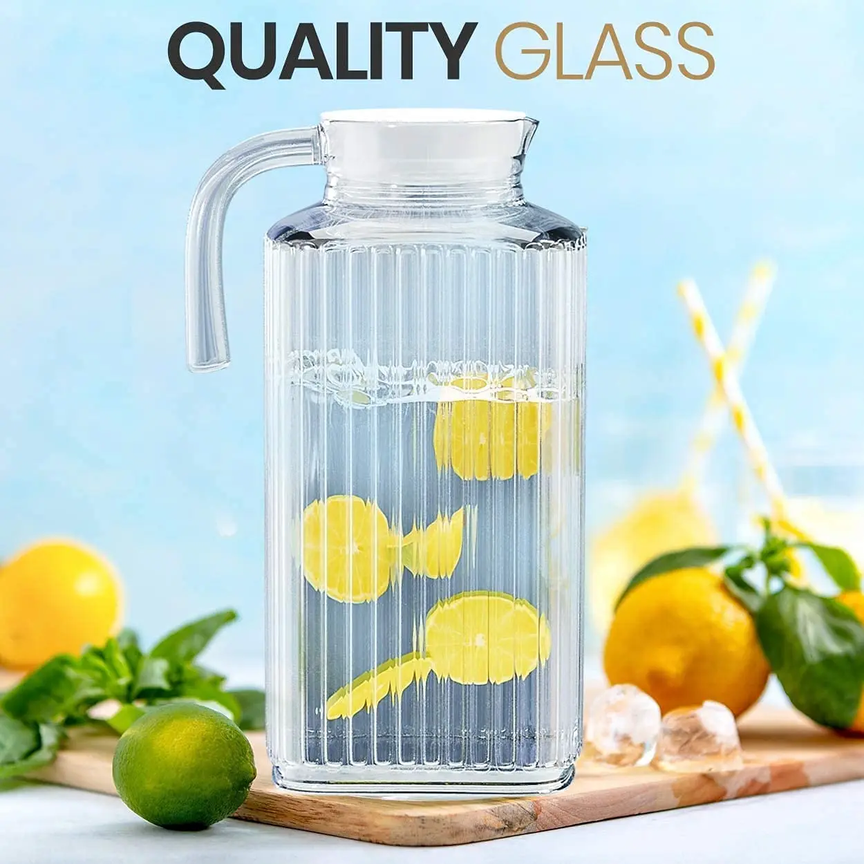 1.8L Wholesale Engraved Big Juice Glass Pitcher Water Jugs Tea Pot Jug with Plastic Lid for Cold Water