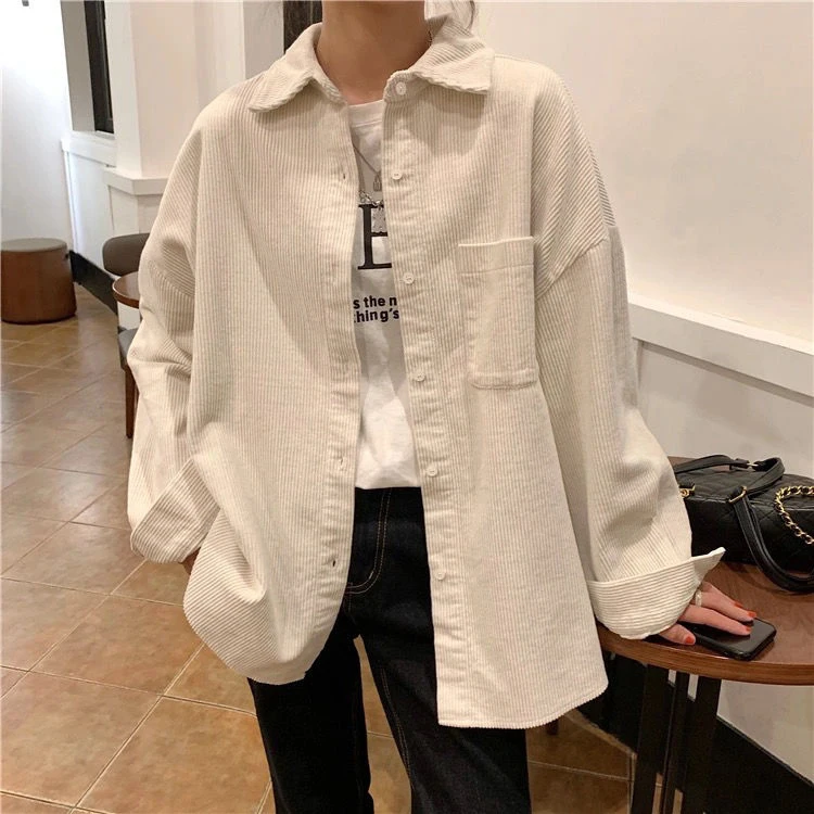 Autumn Korean Style Corduroy Shirt Women Casual Oversized Kawaii Harajuku Long Sleeve White Chic Blouse Female Student