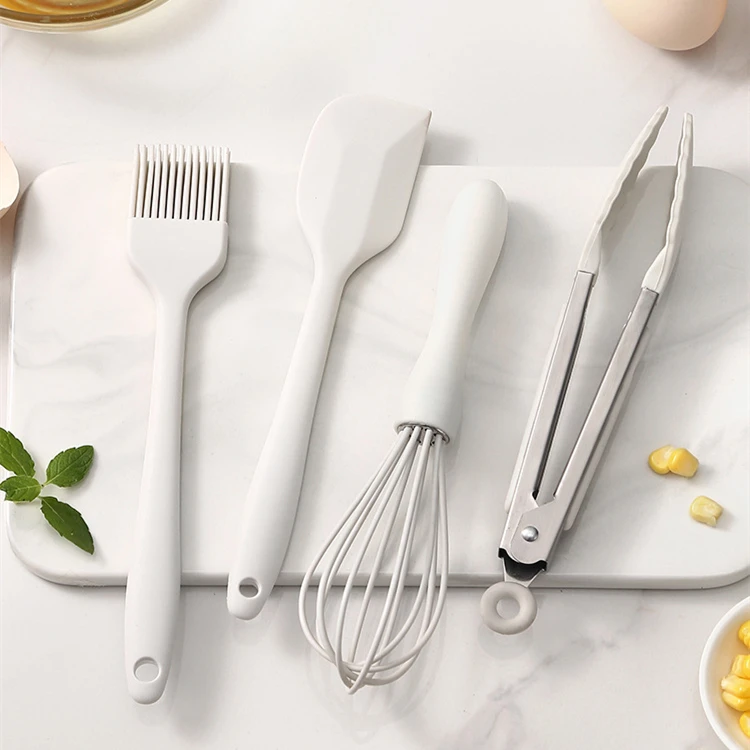 Manjia 4 Pieces Set White Cake Spatula And Brush Food Grade Silicone Cake Scraper Silicone Baking Utensils Tongs