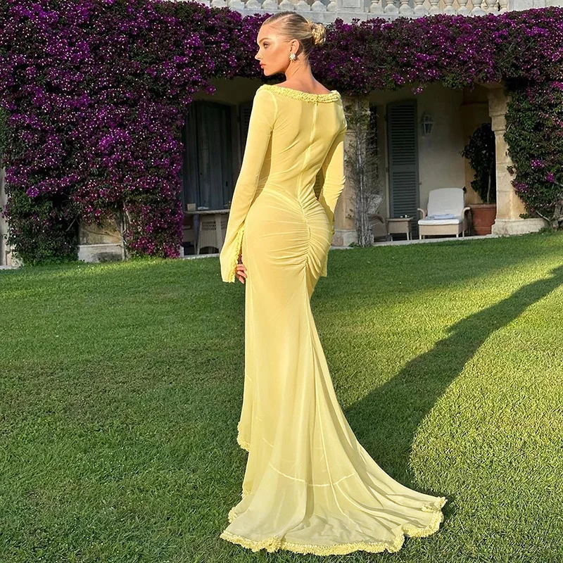 Summer Long Sleeves Mesh See Through Dresses Women Sexy V Collar Hollow Out Structuring Maxi Hem Beach Summer Dress for Women