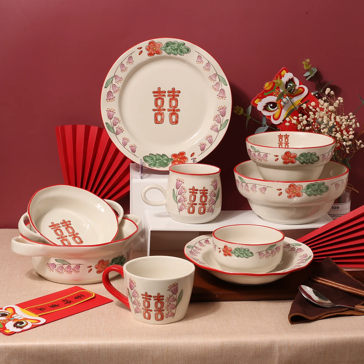 Wholesale Ceramic Dinnerware Pate Set Chinese Retro Stoneware Tableware And Pot For Wedding