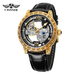 Winner Newest Gold Transparent Wrist Watches Luxury Man Reloj Montre Leather Skeleton Custom Mechanical Automatic Watch for Men