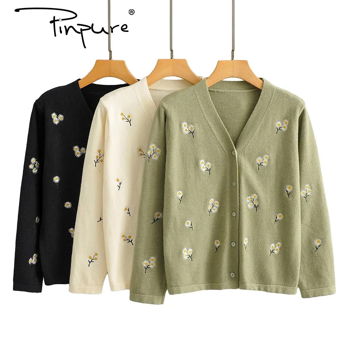 
R50672S 2020 Fashion Knitted embroidery sun flower cardigan V-neck sweater 