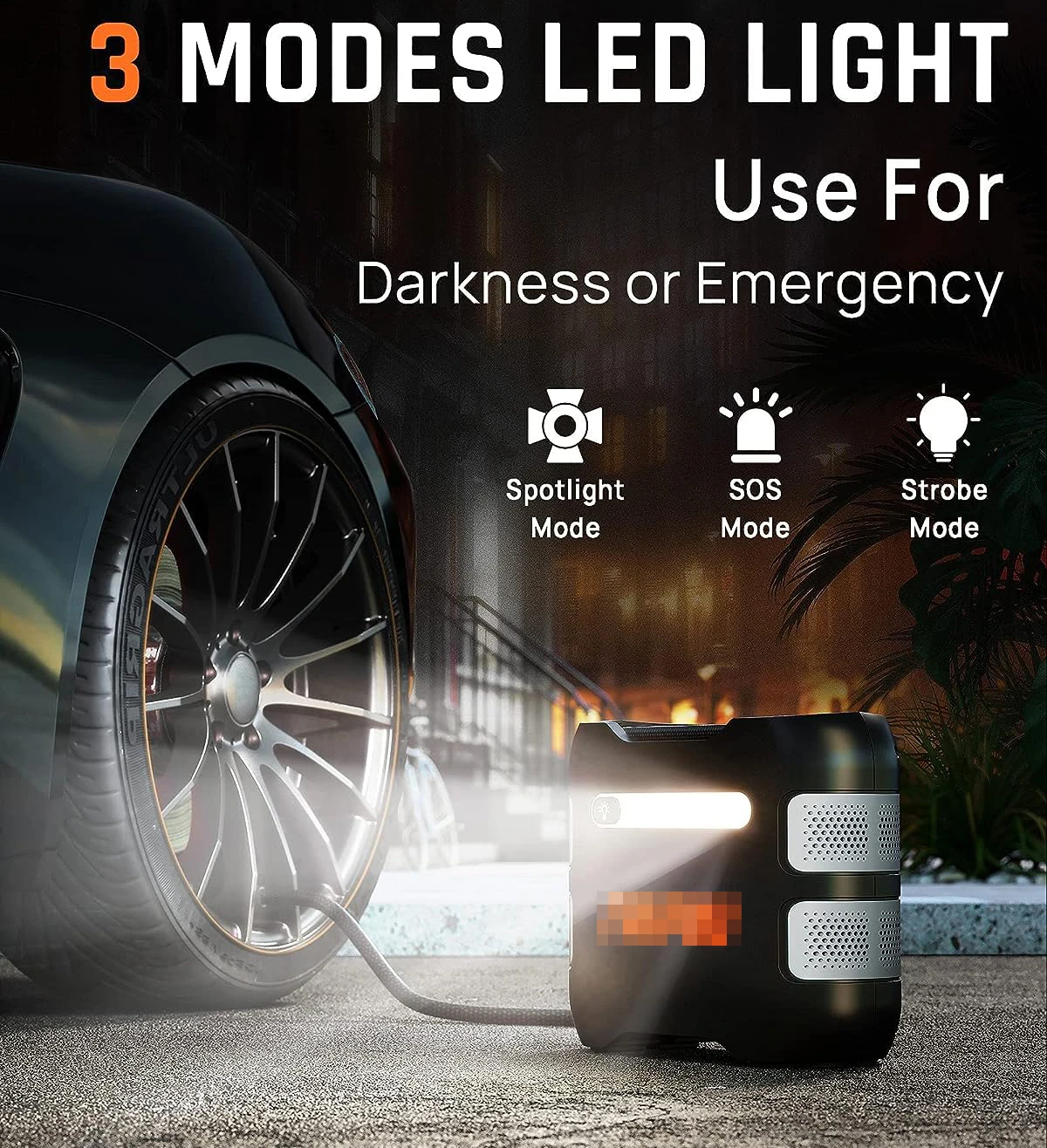 SOS led light 12V DC Auto cigarette 150psi EPDM cable large lcd display mini air pump tire inflator