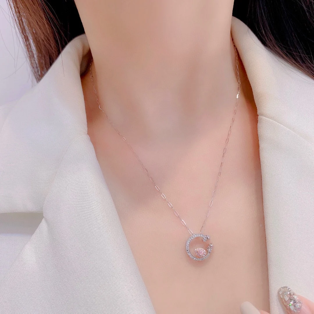 Customized Star Moon Design Series Chain Drop shaped Pink Diamond Main Stone 0.1 Carat 18k Thick Gold Diamond Set Necklace