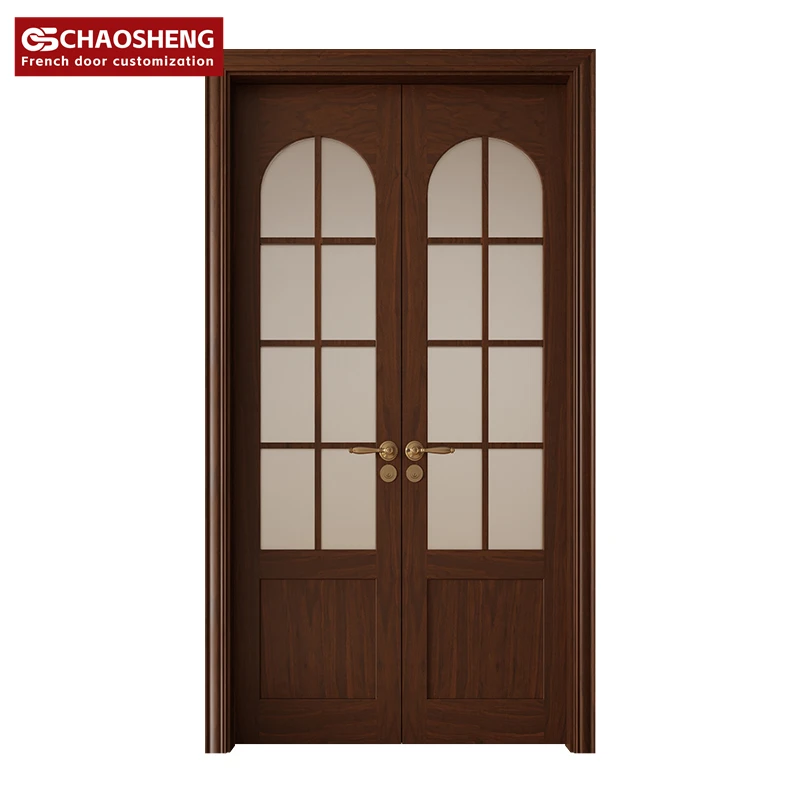 Interior arc arch glass swing door solid wood paint French study pair double-door