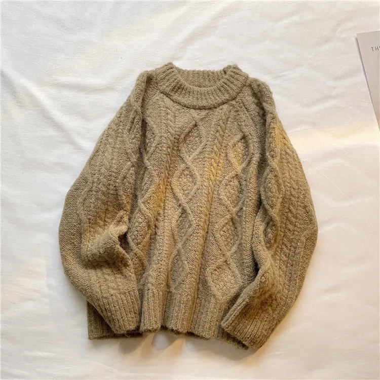 2021 autumn and winter new solid color knitted pullover sweater women retro thick needle twist thick sweater women