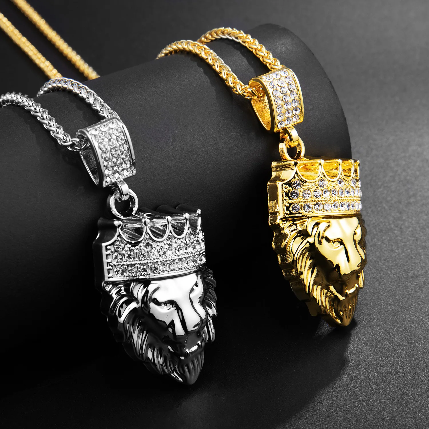NEW Hip Hop Jewelry Iced Out Clear Rhinestones Curb Cuban Chain Crown Lion Head Pendant Necklace Gold Zinc Alloy for Men Women