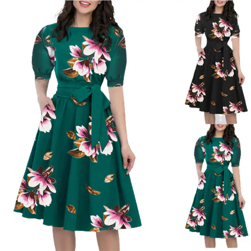 Floral Print Vintage Dress Women Spring Style Half Sleeve Big Swing Party Dresses women ladies elegant Casual Dress
