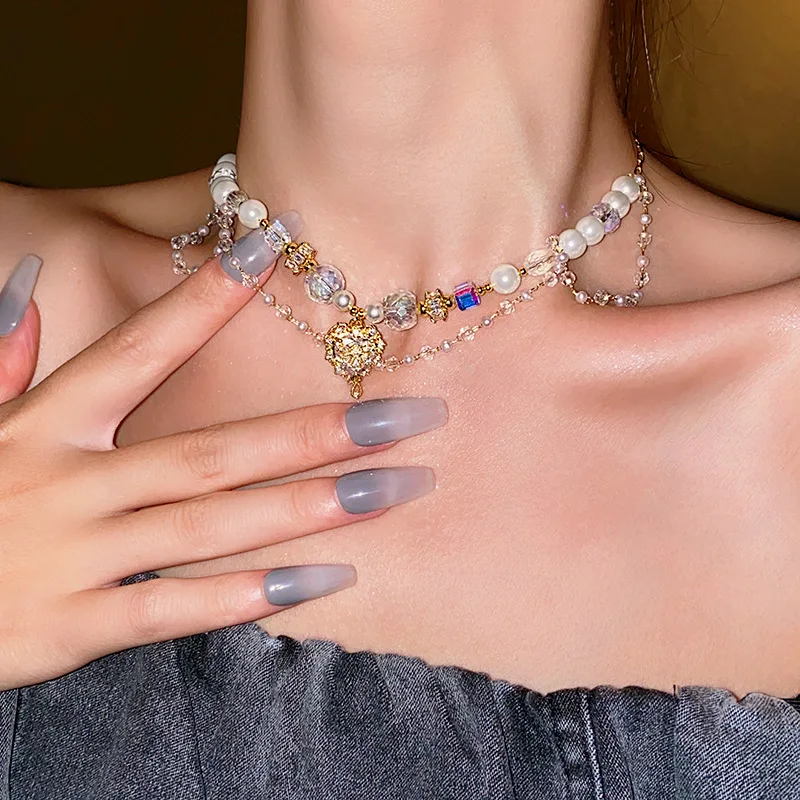 Diamond Heart Pearl Necklace Handmade Crystal Rhinestone Pearl Necklace Gold Plated Love Heart Zircon Water Drop Necklace