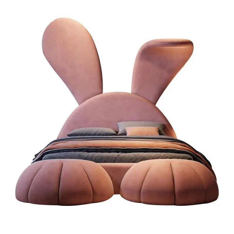 Luxury Children Bed room Furnitures Creative Animal Rabbit Shaped Child Beds The Modern Velvet Metal Frame Leg Kid Bed For Kids