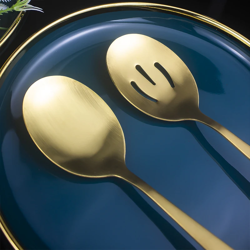 Matte Stainless Steel Serving Spoon Fork Knife Cutlery Set Gold Catering Restaurant Buffet Serving Utensils
