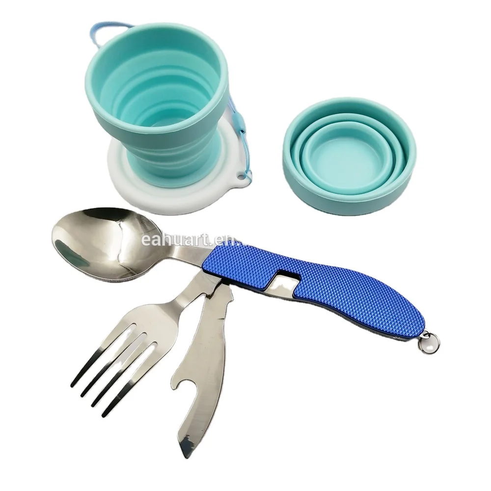 Customized Camping Tableware Travel Stainless Steel Cutlery Set with Silicone Folding Cup