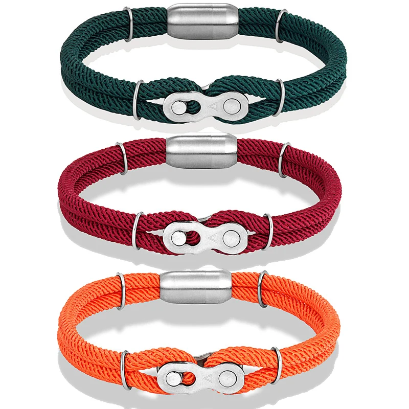 Punk Rock Double Layer Milan Nylon Nautical Rope Stainless Steel Magnetic Clasp Bike Chain Link Rope Bracelet Unisex Jewelry