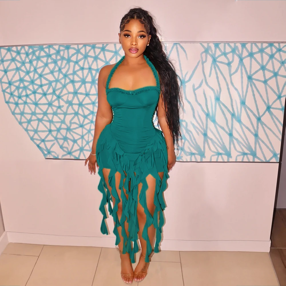 OJW071442 Sexy summer fringed tassel mini halter dresses designer short backless dress