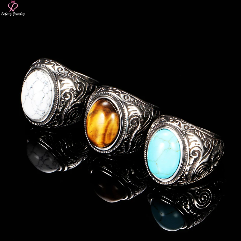 Lefeng Custom Vintage Stainless Steel Silver Men Turquoise Emerald Colored Gemstone Big Stone Ring