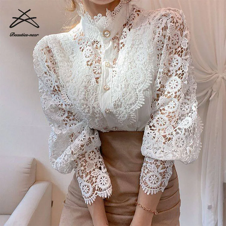 New Plus Size Women Spring Summer Turtle Neck Lace Ribbon Long Sleeve Blouses Business Official Sexy Loose Hollow Office Blouse