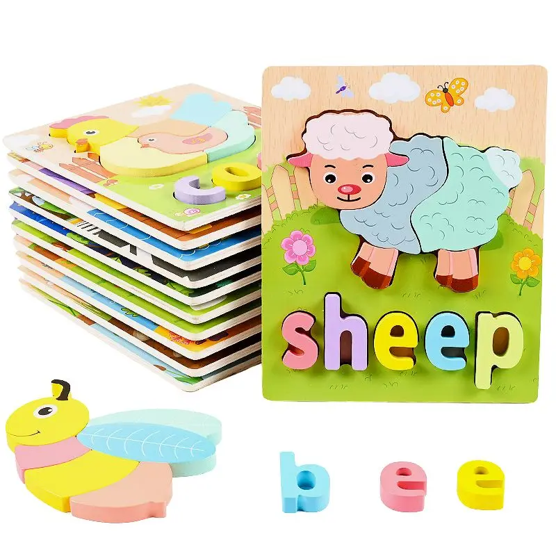 CPC Montessori Early Learning Kids Cartoon Animal Alphabet Matching Wooden 3D Puzzle Educational spelling Jigsaw Puzzle Toys