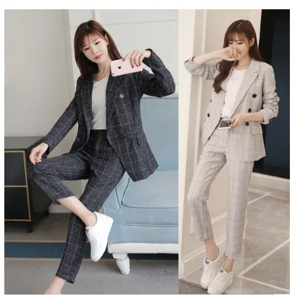 2020 INS Amazon Hot Sale Office Lady Suit Cotton Plaid Women Coat Pants 2pcs Set Spring Autumn Female Business Suit