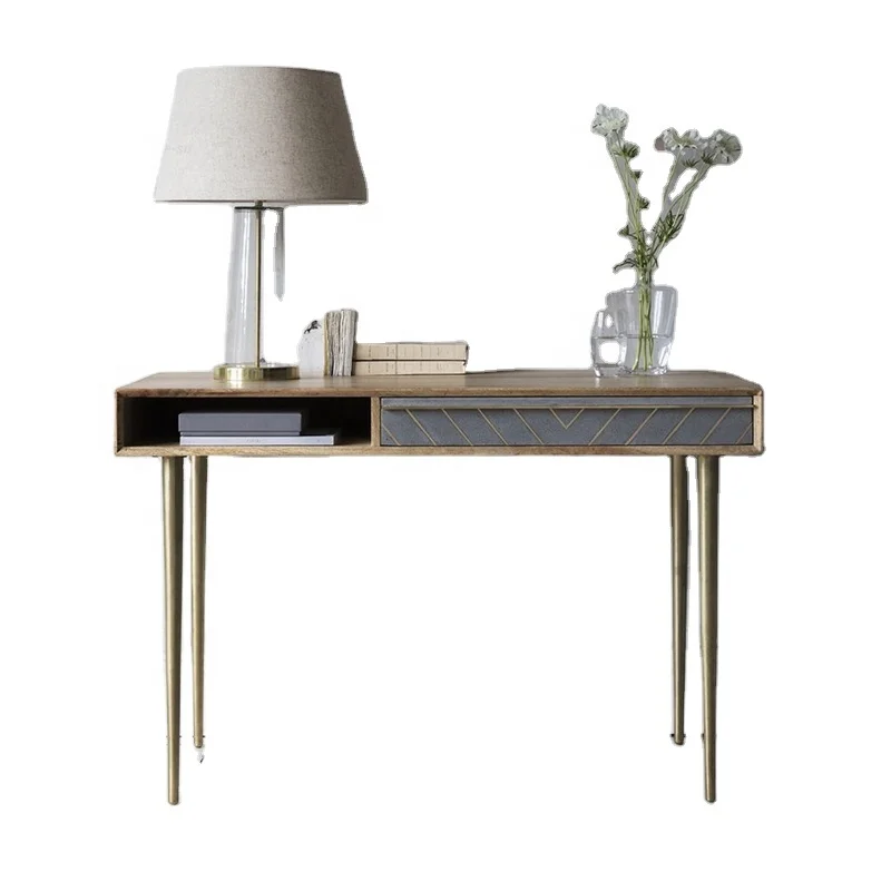 Современный стол-консоль с цементным выдвижным ящиком, под античное дерево, с латунными ножками