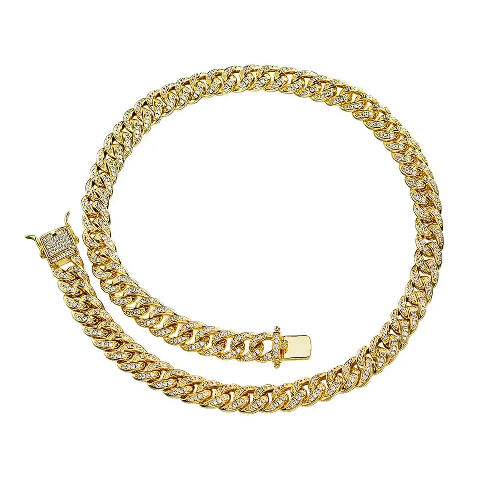 Fine 9MM Hip Hop Style Cuban Chain Yellow Gold Plated Iced Out Pave 5A CZ Shiny Round Diamond 925 Sterling Silver Necklace