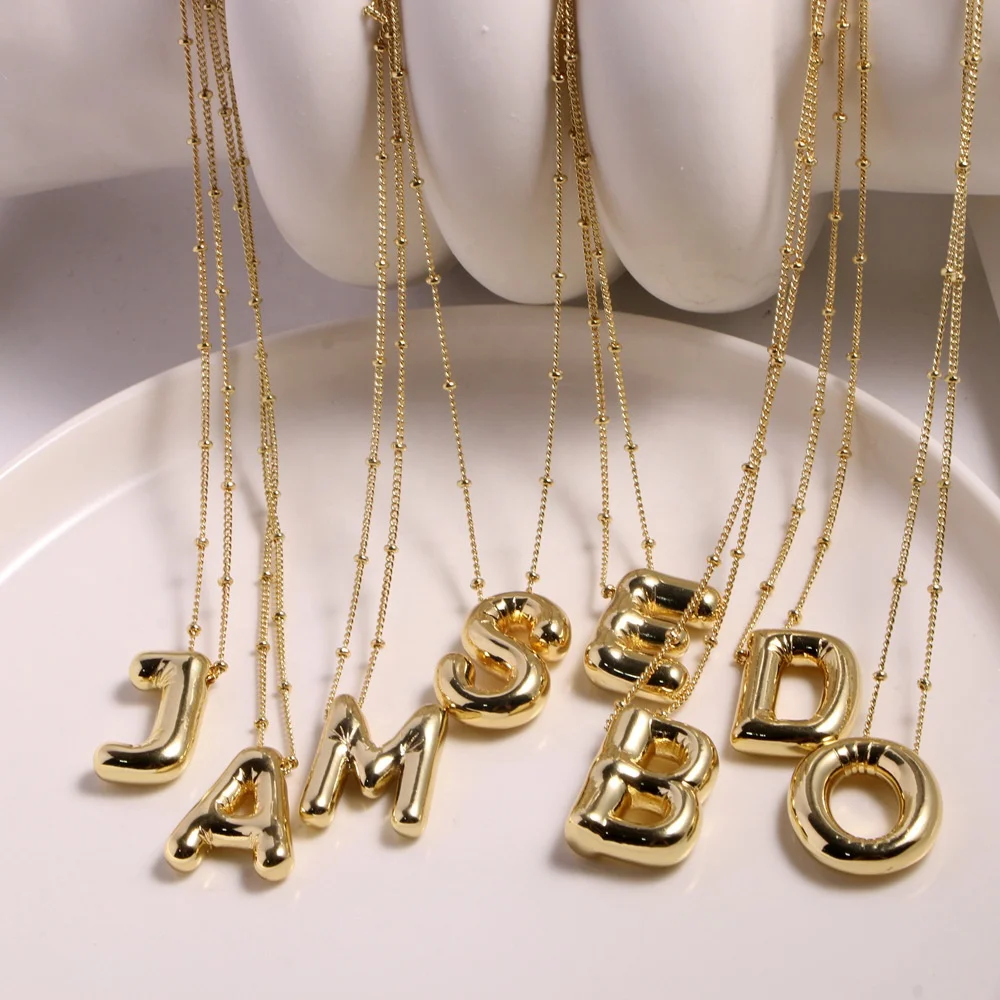 2023 Newest Design Balloon Letter Necklace With Beaded Satellite Chain, 18k Gold Stainless Steel Bubble Initial Letter Necklace
